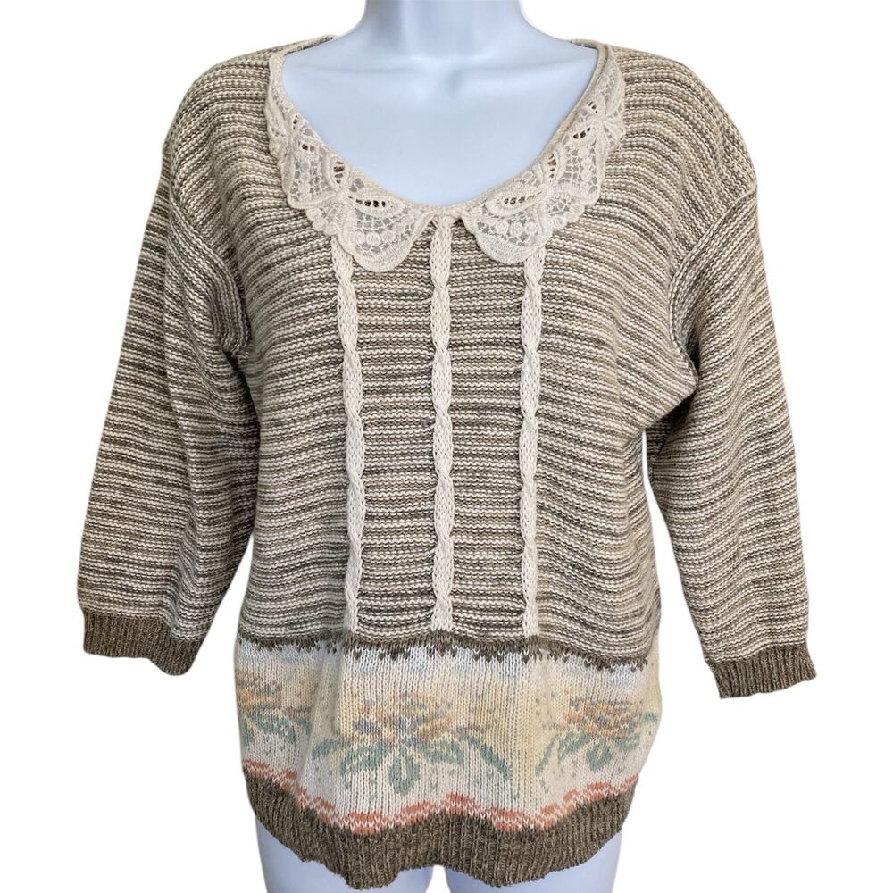 Vintage 80s Sweater Loft Beige Cream Cotton Sweater Top Cottage Boho Academia S